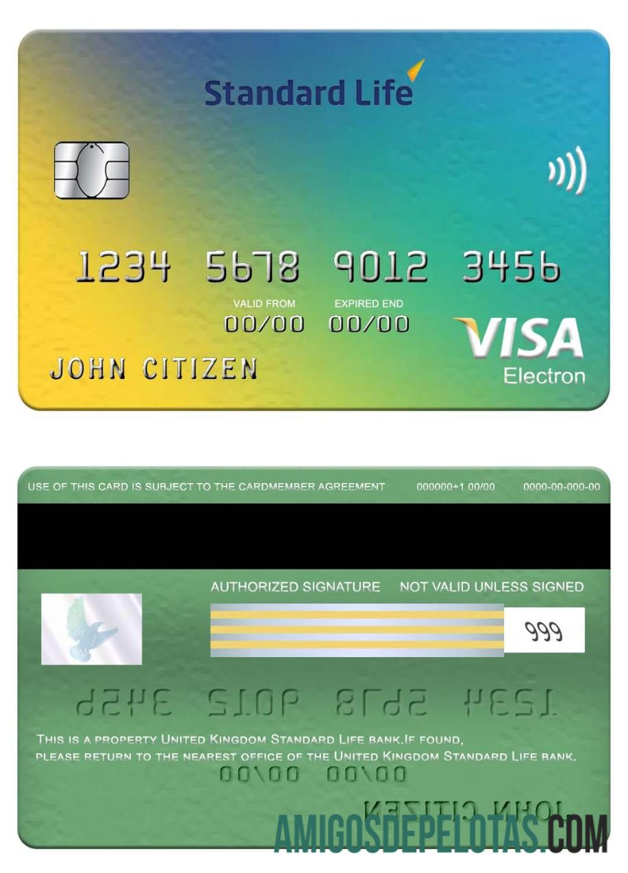 Cartão Visa Electron do Standard Life Bank do Reino Unido modelo